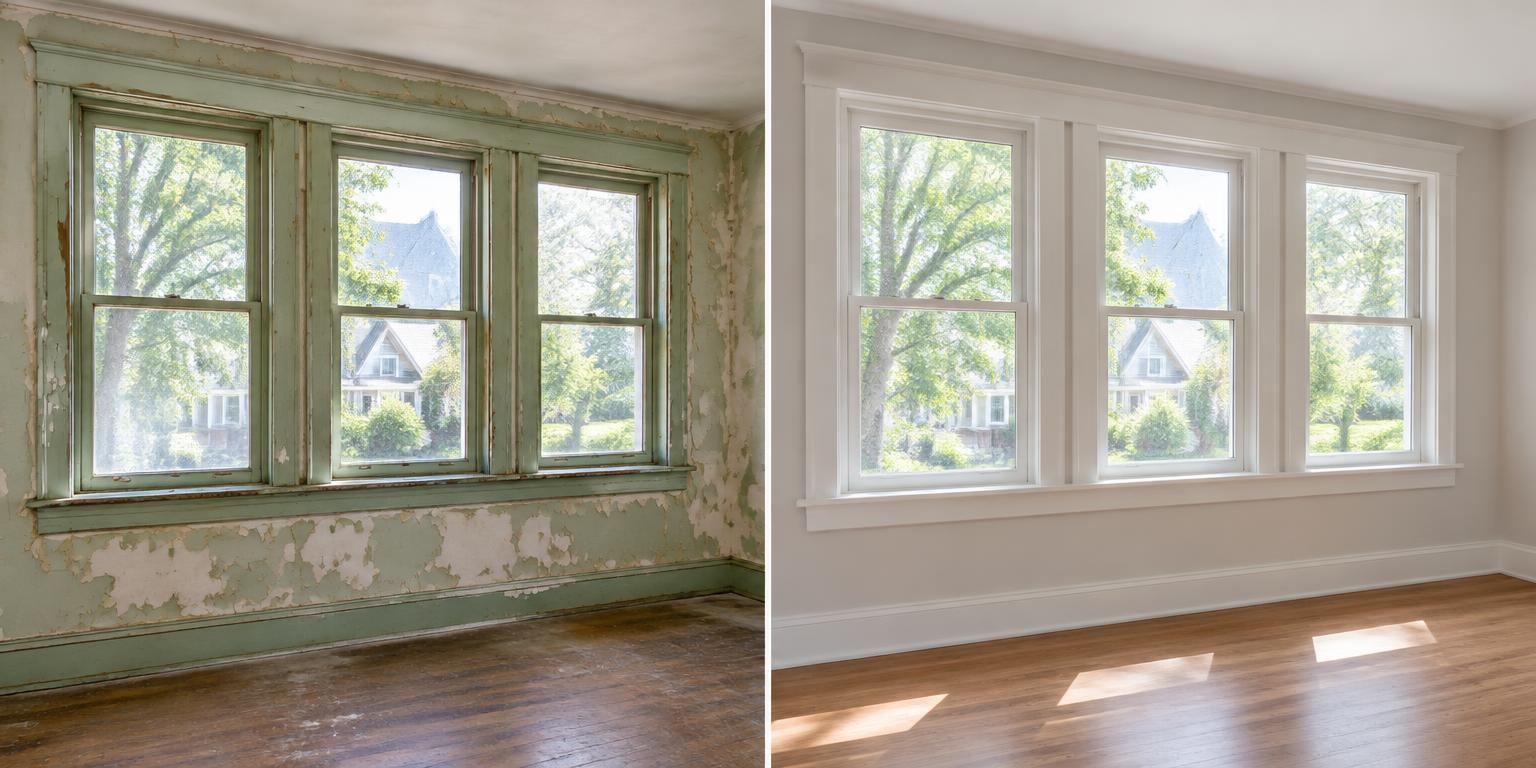 Illustrative before and after: Window and trim restoration