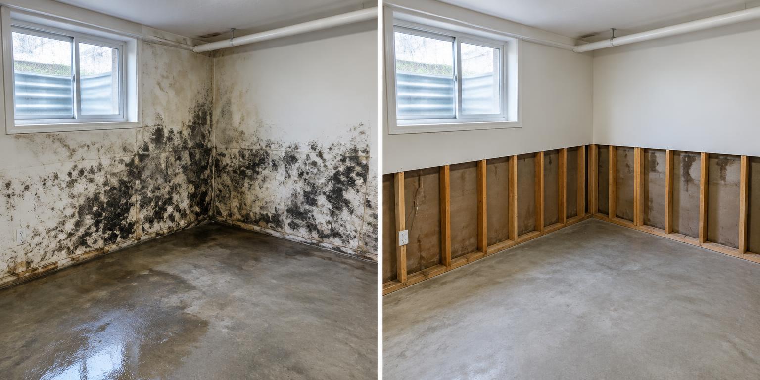 Illustrative before and after: Moisture-damaged wall remediation