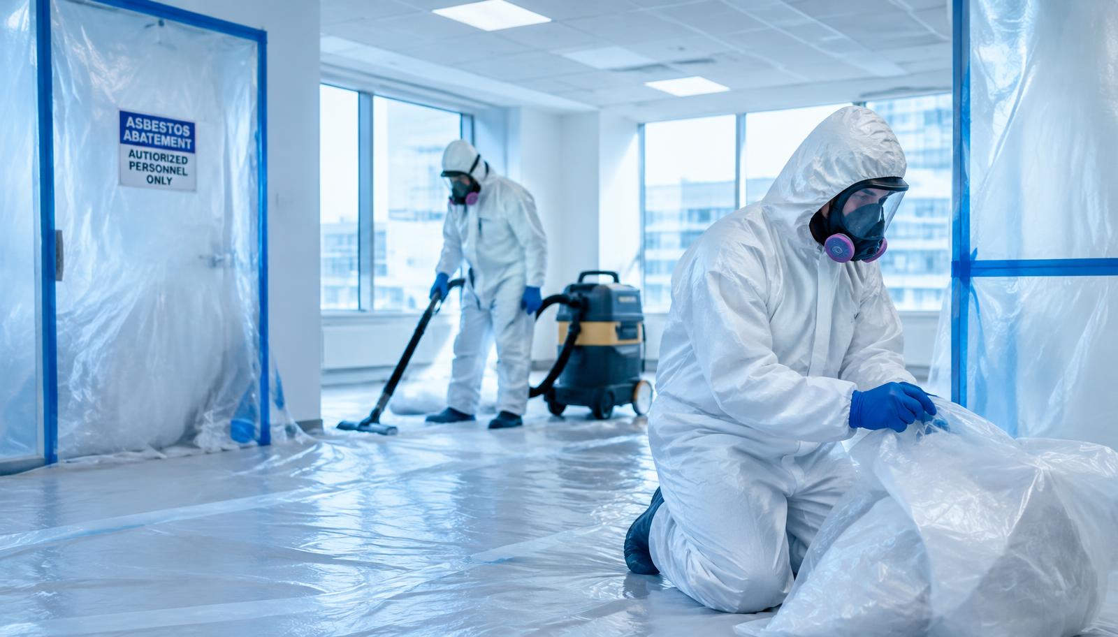 Abatement crew in protective suits inside containment